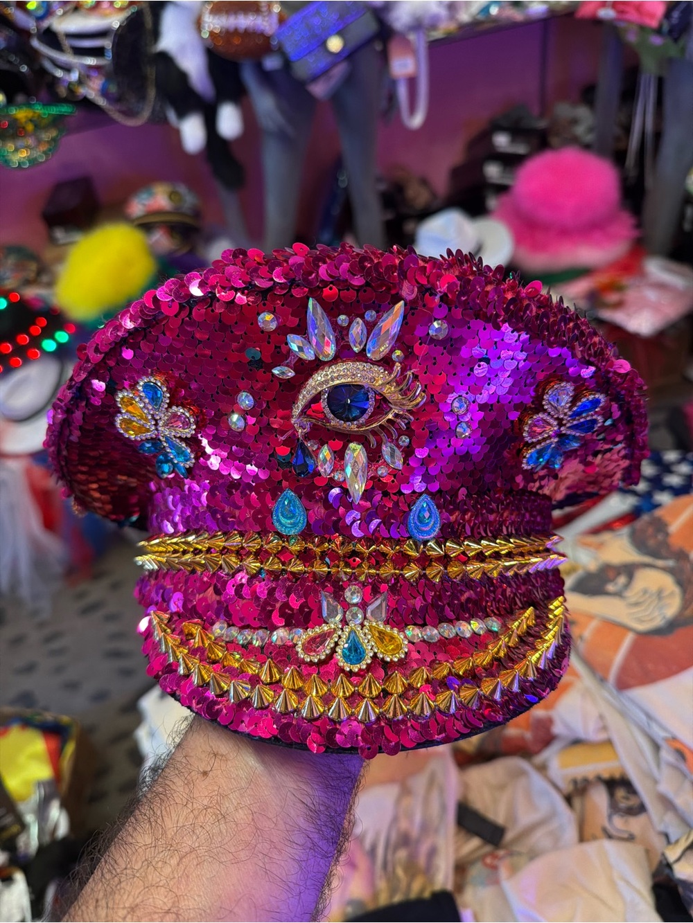 Sequin Embellished Hot Pink Statement Cap with Jewel Motif